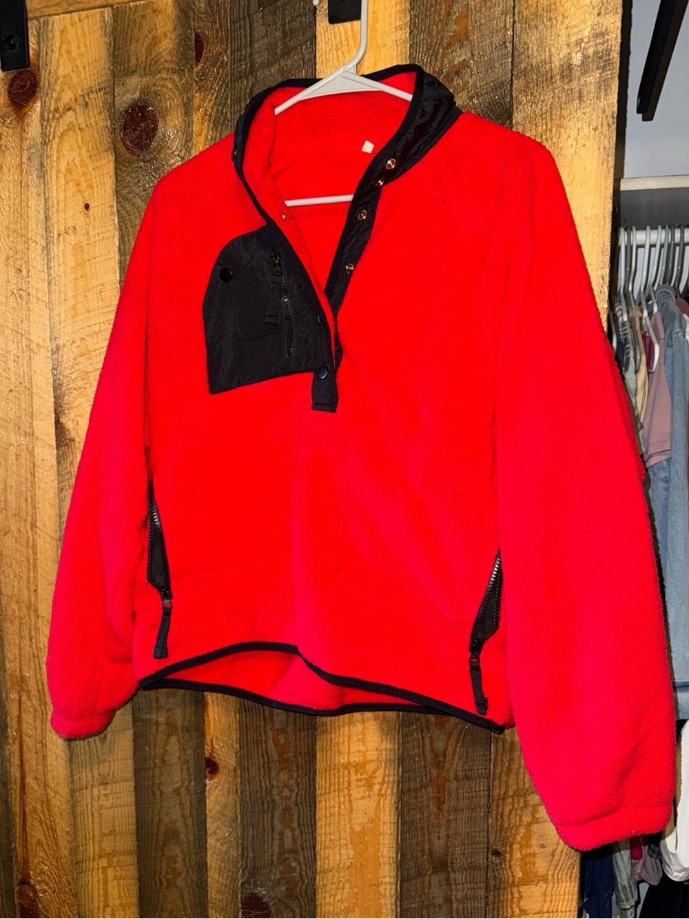 Women’s Red Fleece Pullover Hoodie with Black Trim